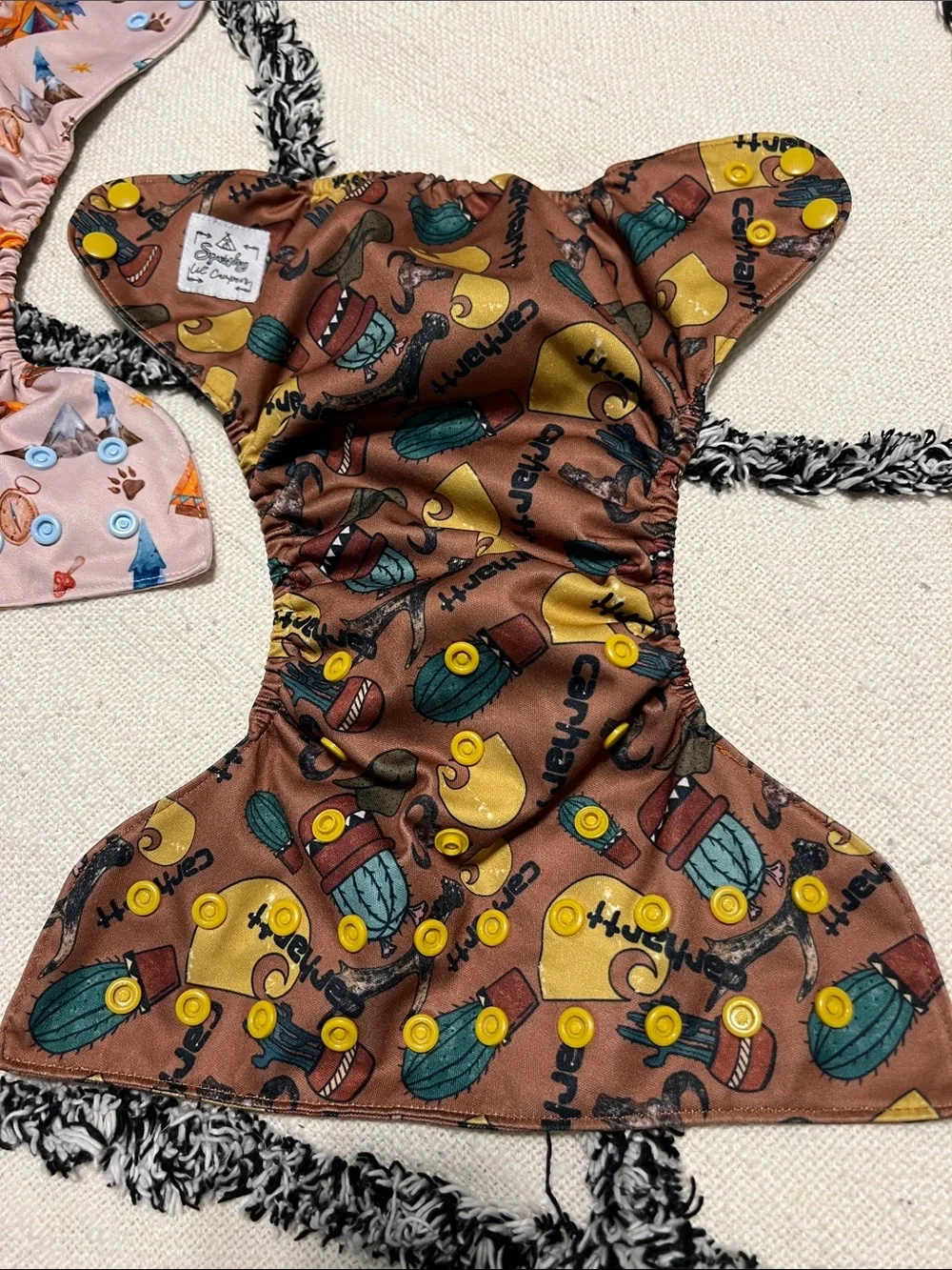 Two Squishy Lil’ Campers OS Pocket Diapers Carhartt Cactus Mountains